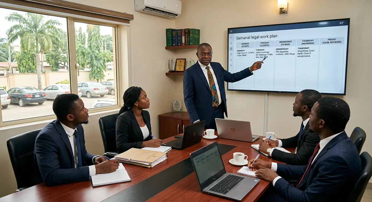 A head of chambers in Abuja taking four juniors through the week's court dates on a TV screen during the Monday meeting.