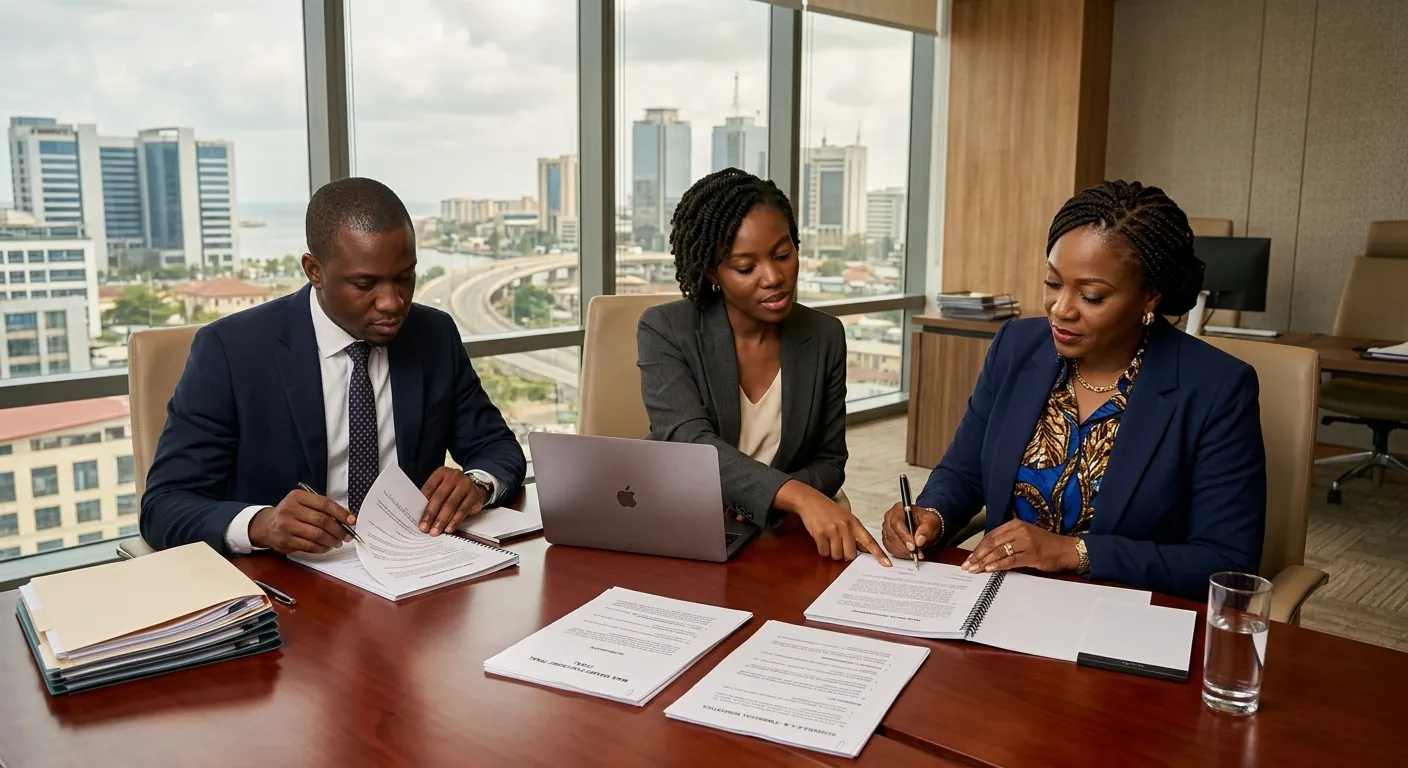 Two associates and a client's finance director reviewing and signing documents at a boardroom table in Victoria Island, Lagos.