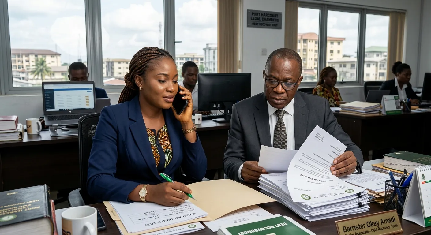 A recoveries team in a Port Harcourt office: a paralegal on the phone with a debtor while a lawyer reviews a stack of demand letters.