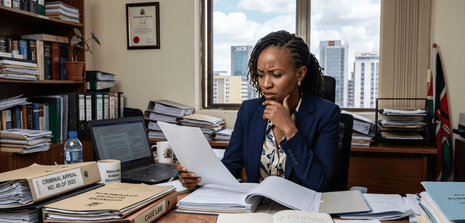 A lawyer at her desk reading through case papers, files and law reports stacked around her.