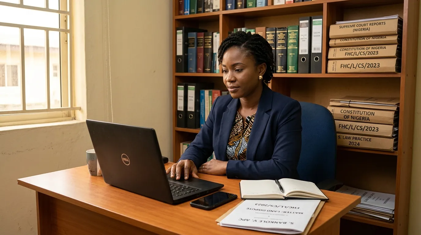 A solo practitioner at her desk in a small Lagos office, working on her laptop, her phone and a case file beside her and law reports on the shelf behind.